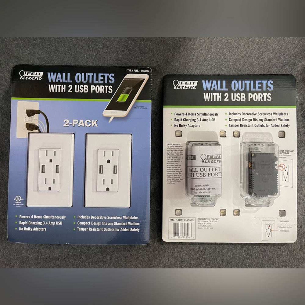 Feit electric wall outlets with 2 USB ports, 2 packs of 2, new.